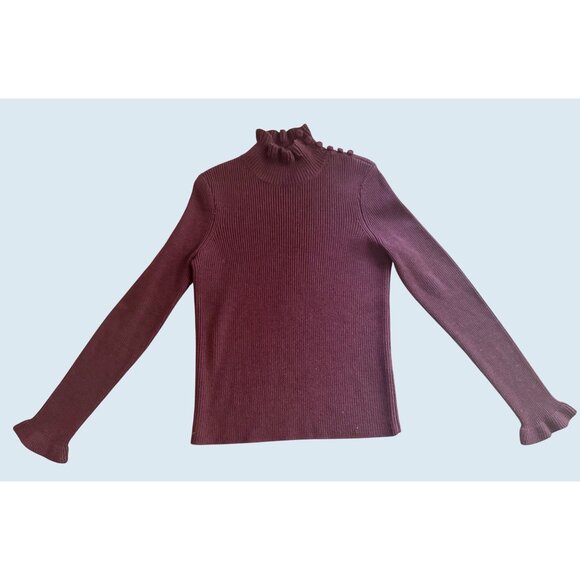 SEE BY CHLOE Burgundy Ruffle Neck Shoulder Button Wool Ribbed Sweater Sz L - Picture 2 of 7